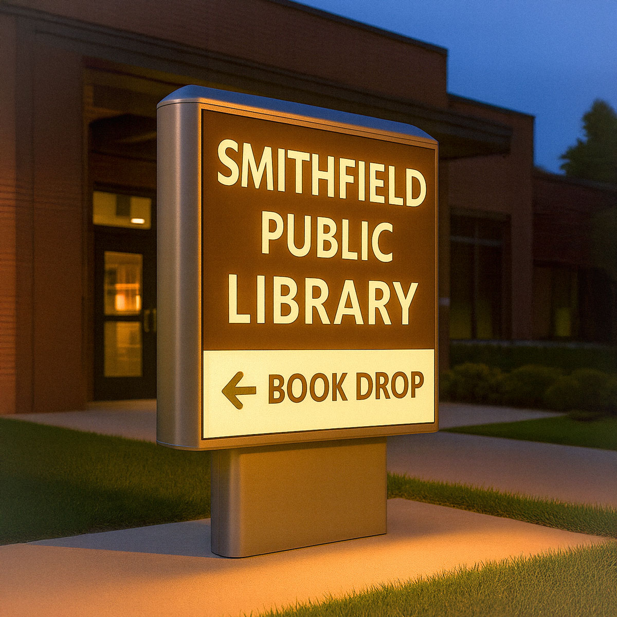 Smithfield Public Library Book Drop off Signage with lights, a series 1200 sign